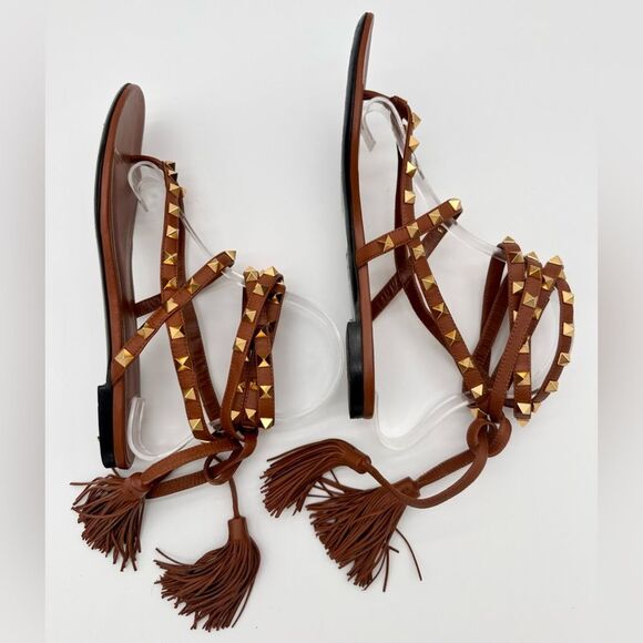 Valentino Garavani Rockstud Thong Sandals Brown Leather Gladiator Tie EU 38 US 8 - Picture 9 of 11